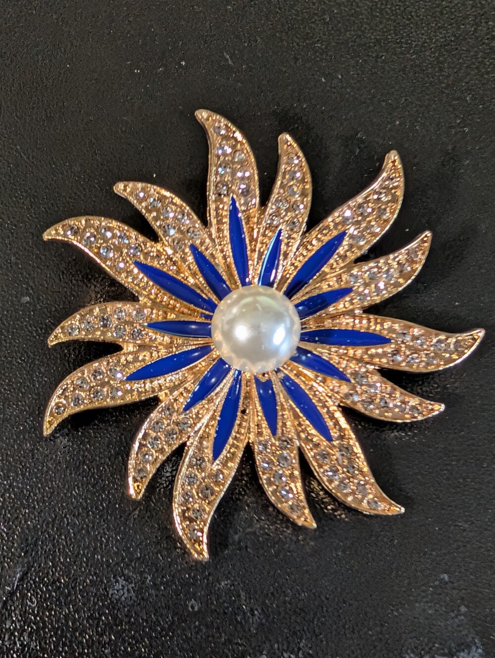 Gold-Tone Blue Sunburst Pearl Center Brooch